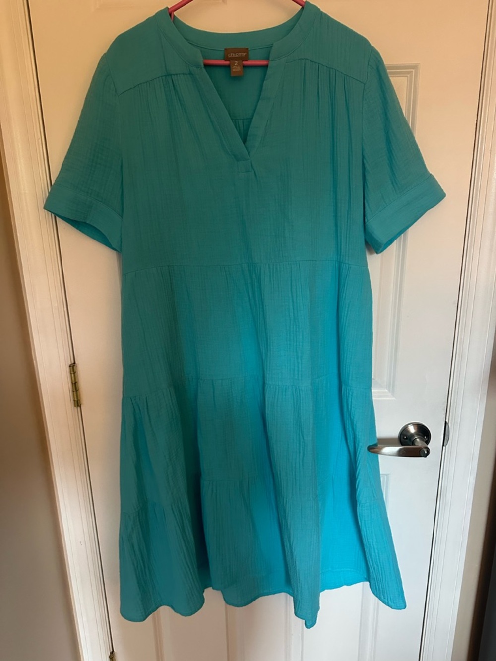 Chico’s Turquoise Tiered Rolled Gauze Midi Dress
